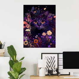 Póster Poster de cumpleaños de gato morado floral