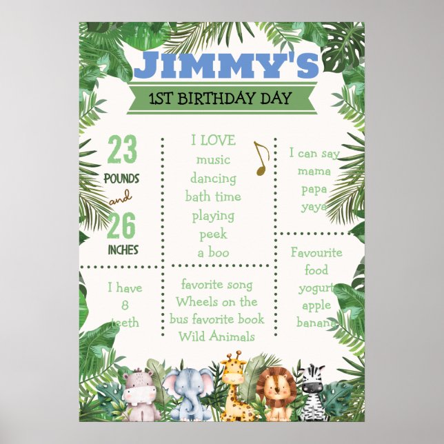 Póster Poster de cumpleaños de Jungle Safari Milestone (Frente)