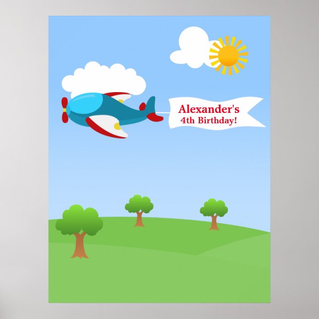 Póster Poster de cumpleaños de niño con pancarta de avión (Frente)