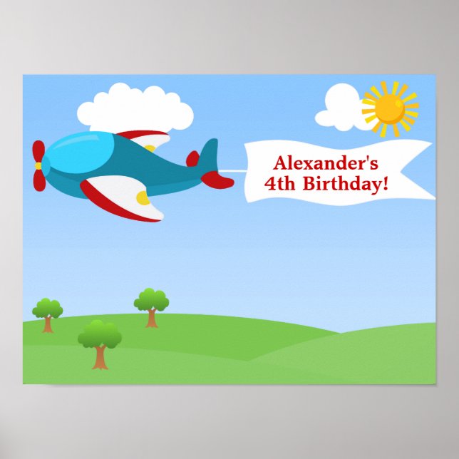 Póster Poster de cumpleaños de niño con pancarta de avión (Frente)