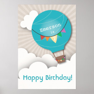 Póster Poster de cumpleaños del globo azul de aire calien