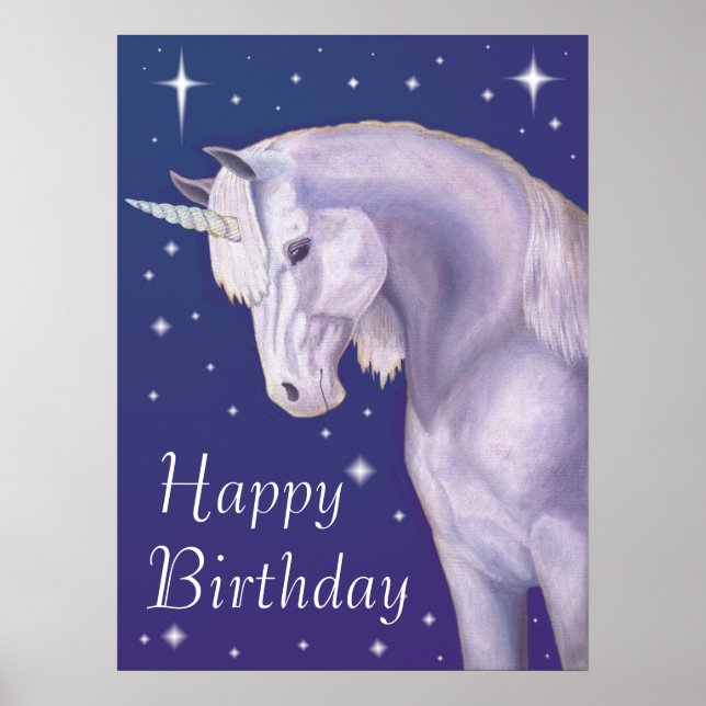 Póster Poster de cumpleaños feliz de Blue Starry Unicorn (Frente)