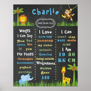 Póster Poster de cumpleaños Rótulo de Baby Jungle Un Fies