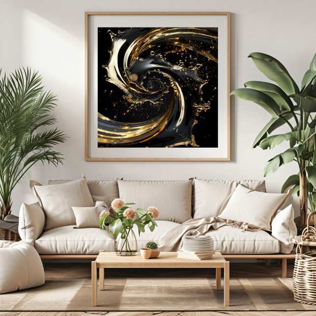 Póster Poster de Dinámica De Swirl Dorado (Add a touch of luxury to your space with this elegant black and gold abstract swirl artwork.)