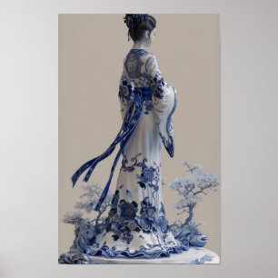 Póster Poster de diseño 3D de porcelana azul y blanca mod
