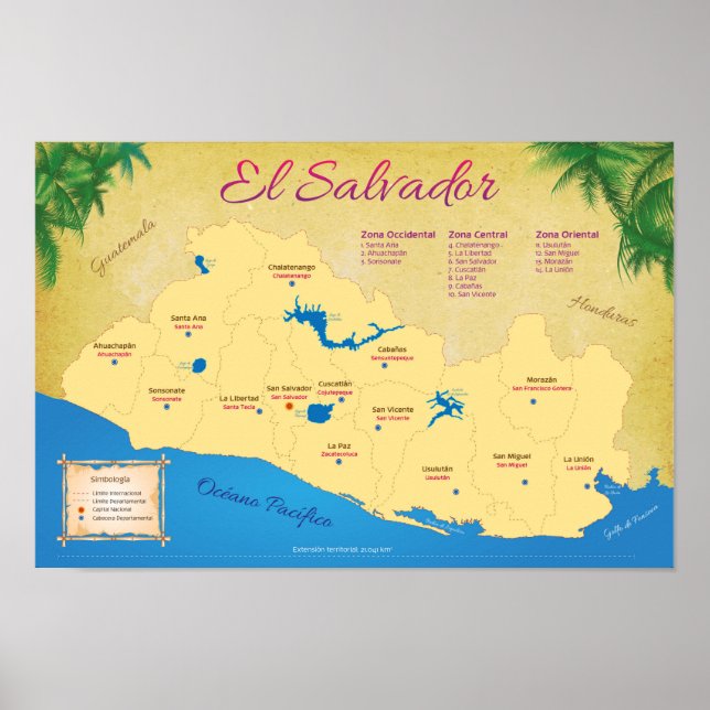 Póster Poster de El Salvador, Departamentos (Frente)