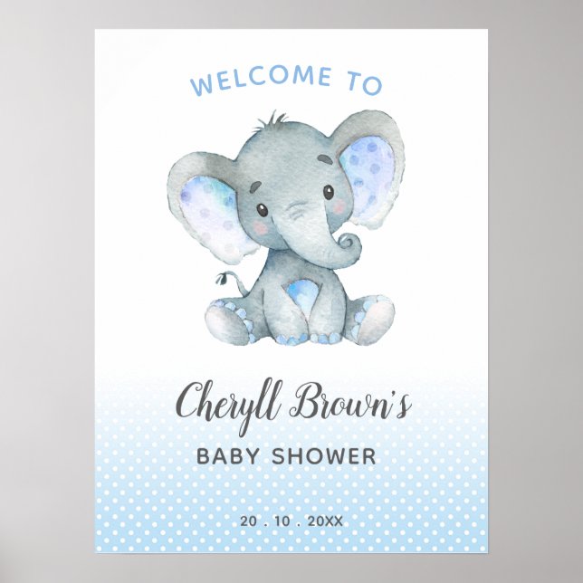 Póster Poster de Elephant Baby Shower Welcome Sign Blue B (Frente)