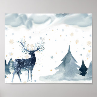 Póster Poster de escenas de renos de invierno acuarela