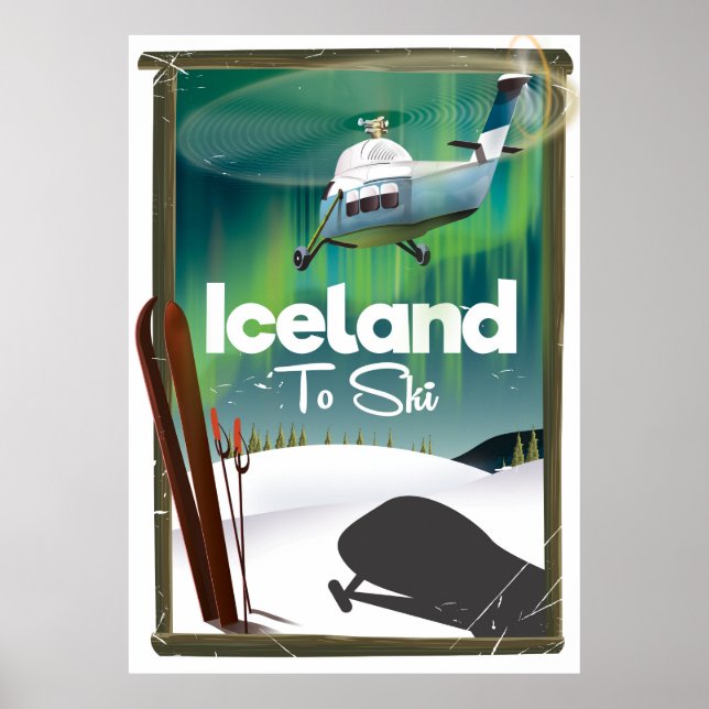 Póster Poster de esquí de época de Islandia (Frente)