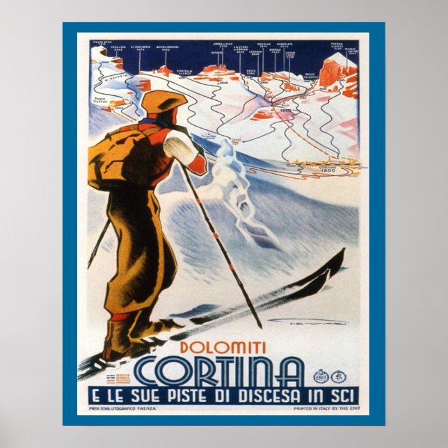 Póster Poster de esquí de época, Italia, Dolomitas Cortin (Frente)