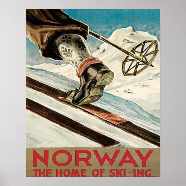 Póster Poster de esquí de época, Noruega, hogar del esquí (Frente)