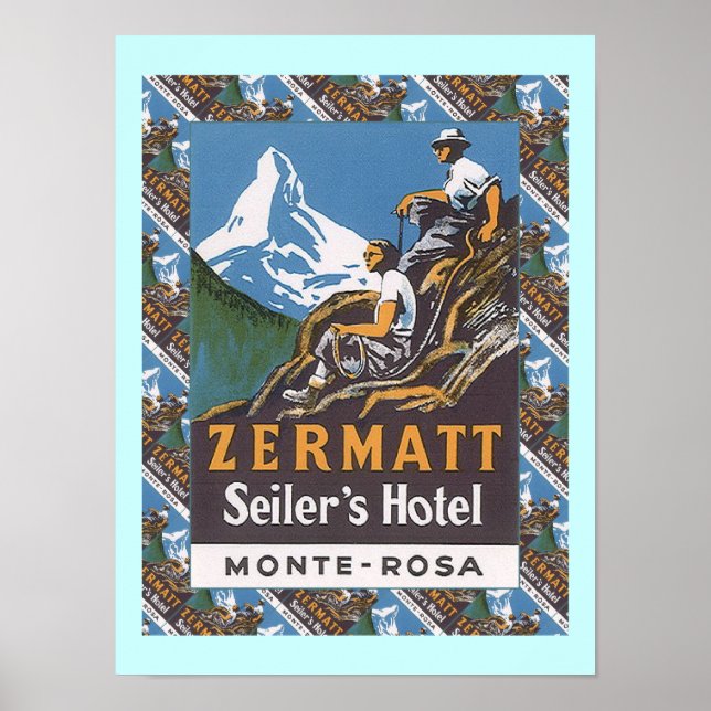Póster Poster de esquí de época, Zermatt, Hotel Seiler (Frente)