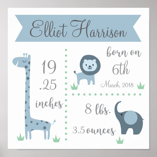 Póster Poster de estadísticas de bebés de Safari Jungle (Frente)