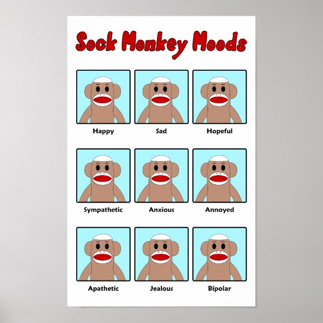 Póster Poster de estados de ánimo de mono de sock (Frente)