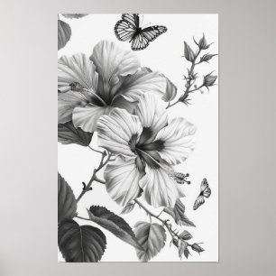 Póster Poster de flores y mariposas tropicales de Hibiscu