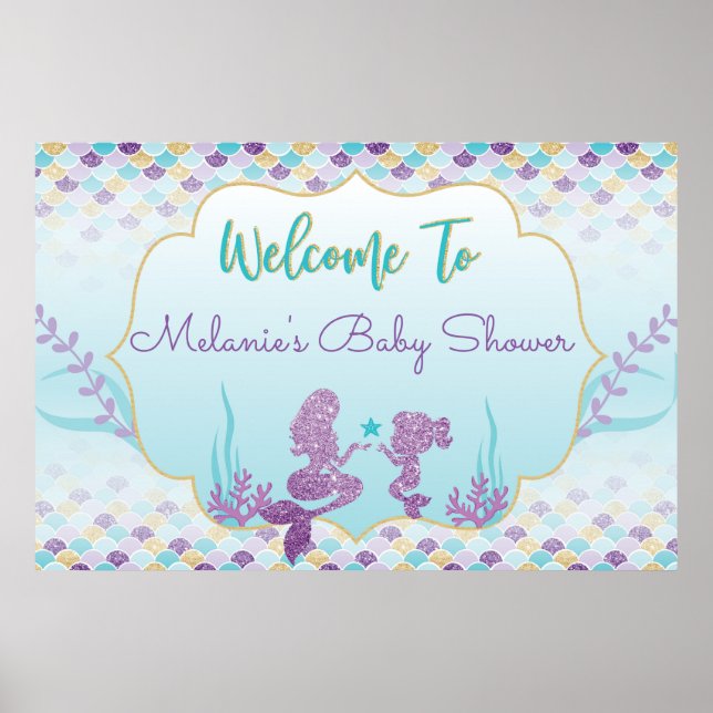 Póster Poster de fondo de bienvenida Mermaid Baby Shower (Frente)