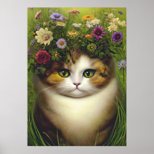 Póster Poster De Gato Floral Vintage Para Desprendimiento