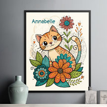 Poster de gato lindo con flores