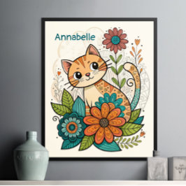 Póster Poster de gato lindo con flores