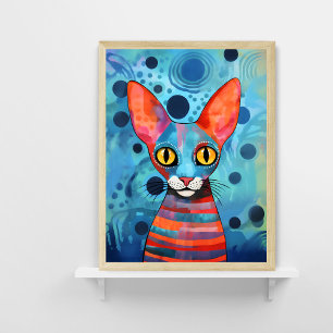 Póster Poster de gato sin pelo azul acuarela