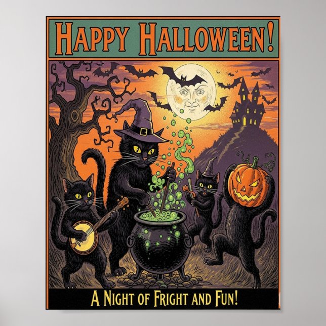 Póster Poster de gatos de Halloween de época (Frente)