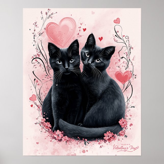 Póster Poster de gatos negros en el Día de San Valentín - (Frente)