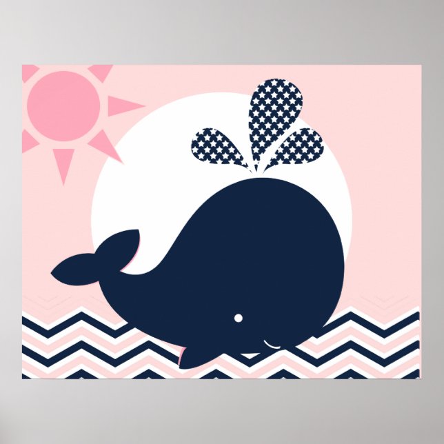 Póster Poster de guardería de ballenas rosa y marina (Frente)