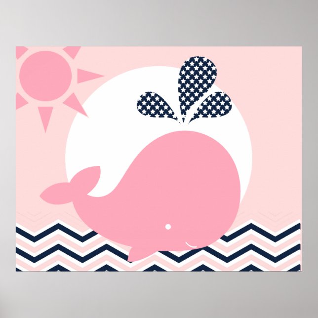 Póster Poster de guardería de ballenas rosa y marina (Frente)