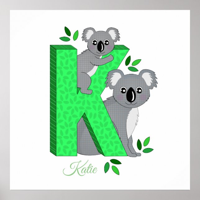 Póster Poster de guardería personalizada - K para Koala (Frente)