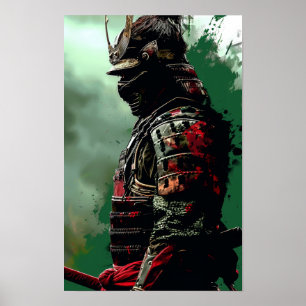 Póster Poster de Guerrero Samurai Realista Backgroun ve