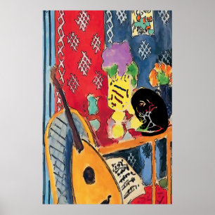 Póster Poster de Guitarra y Gato Negro Flores