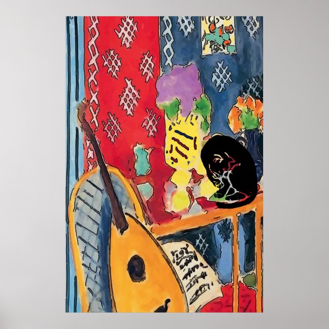 Póster Poster de Guitarra y Gato Negro Flores (Frente)