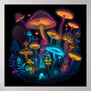 Póster Poster de hongos psicodélicos Neon Bright Dark Glo