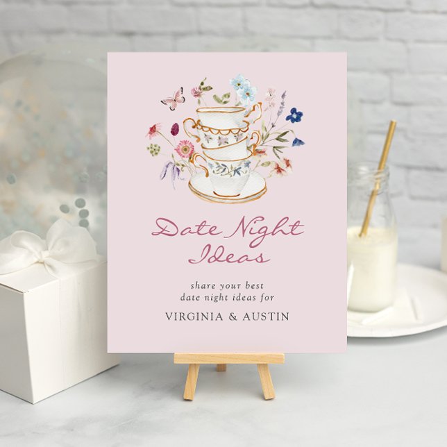 Póster Poster de ideas de noche de fecha (Floral Pink Tea Party Date Night Ideas Poster with Butterfly by Painted Paperie
)