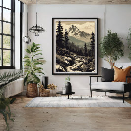 Póster Poster de Ilustracion de paisaje de montaña Retro