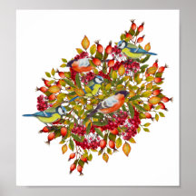 Poster de Ilustracion de plantas botánicas y aves