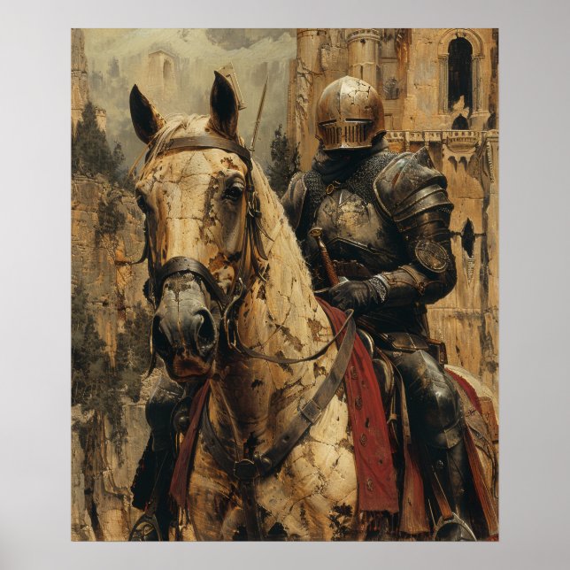 Póster Poster de Ilustracion medieval de caballos de equi (Frente)
