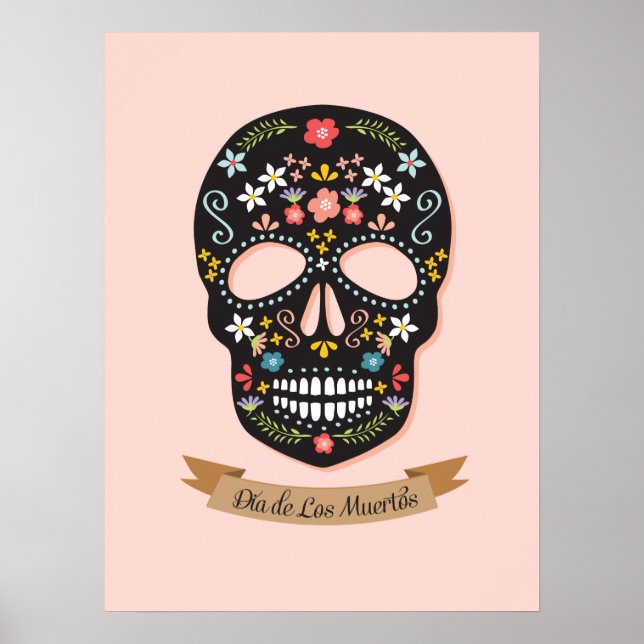 Póster Poster de la Calavera del Azúcar Muerto - rosa-neg (Frente)
