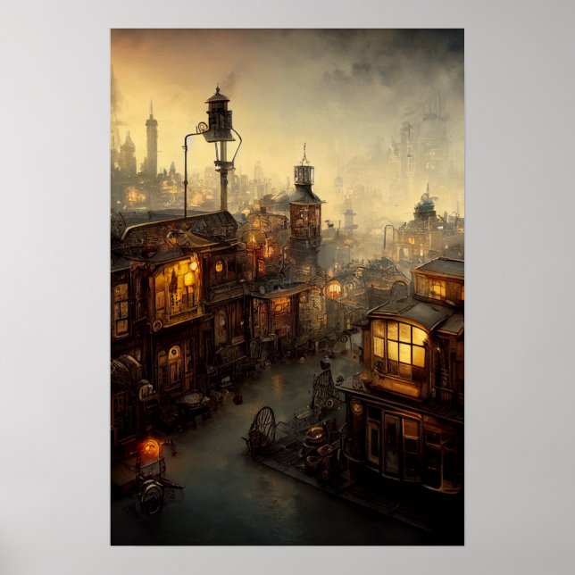 Póster Poster de la ciudad de Steampunk, vista desde la v (Frente)