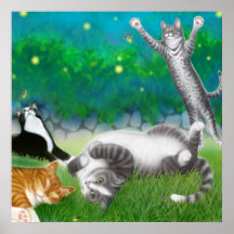 Poster de la diversión felina con las luciérnagas