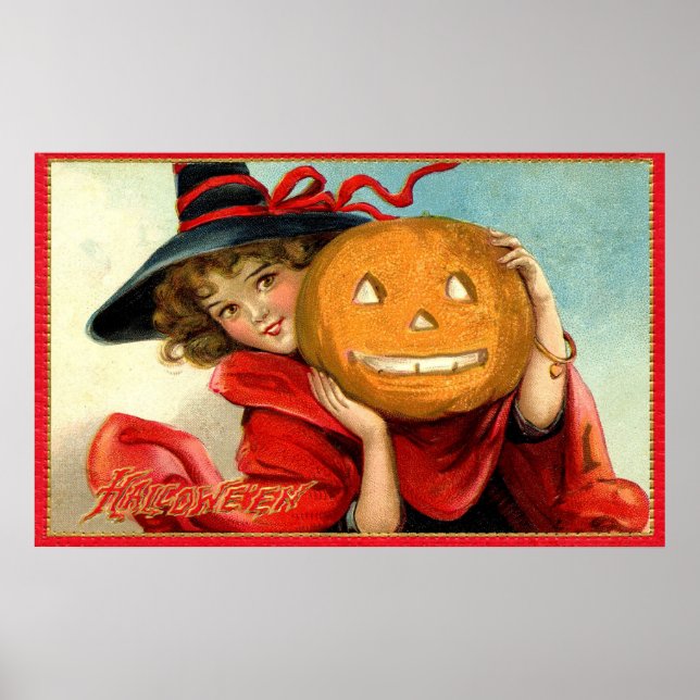 Póster Poster de la fiesta de Halloween con bruja y calab (Frente)
