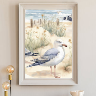 Póster Poster de la Gaviota Acuarela Ocean Beach