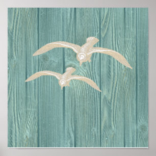 Póster Poster de la playa Sea Gull Vintage Aqua Wood Beac