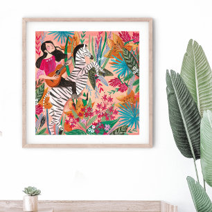 Póster Poster de la selva tropical rosa brillante de cebr