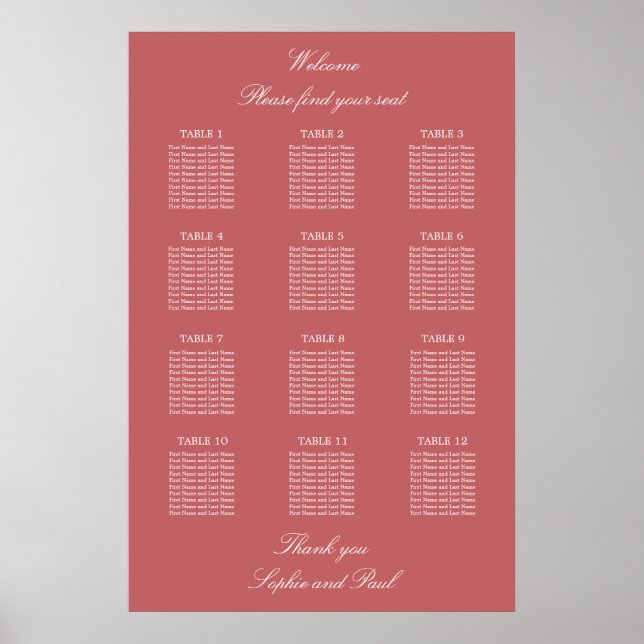 Póster Poster De La Tabla De Asientos De Tabla Rosa Dusty (Frente)