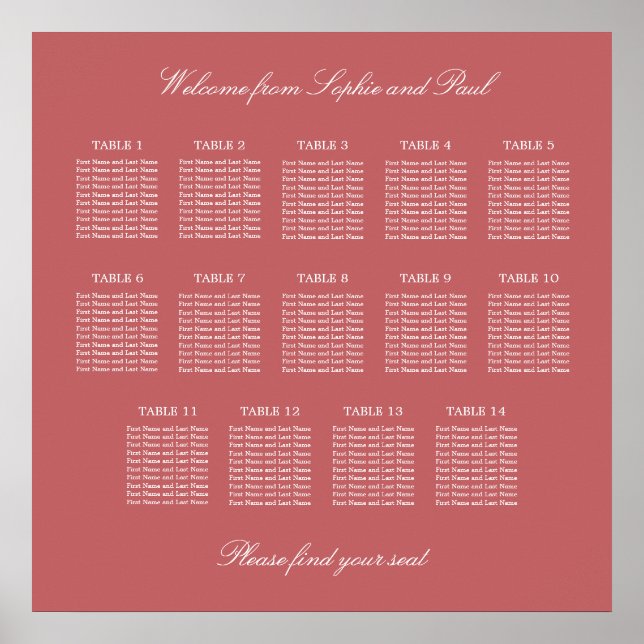 Póster Poster De La Tabla De Asientos De Tabla Rosa Dusty (Frente)