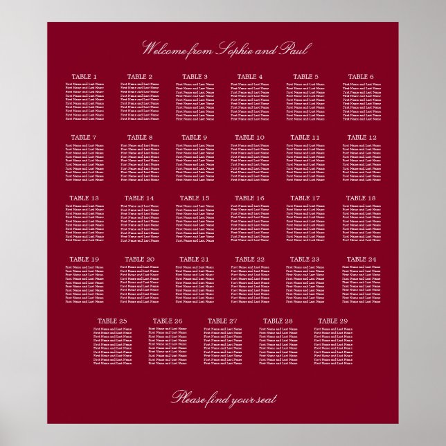 Póster Poster de la tabla de asientos del Boda de mesa 29 (Frente)