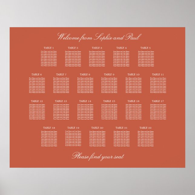 Póster Poster de la tabla de asientos del Boda de mesa Te (Frente)