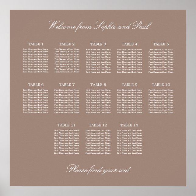 Póster Poster de la tabla de asientos del Boda de tabla T (Frente)