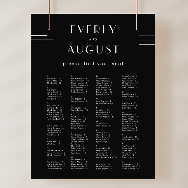 Póster POSTER de la tabla de asientos del Boda negro de e (EVERLY Art Deco Black Wedding Seating Chart Poster)